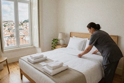 Profissional a esticar os lençóis brancos de uma cama de casal, com toalhas dobradas e os telhados de Lisboa à janela