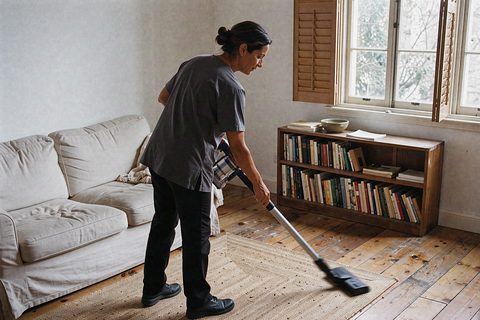 Profissional de limpeza a aspirar o tapete de uma sala com soalho antigo, sofá de linho e uma estante com livros