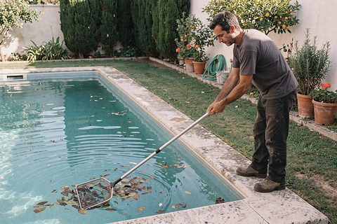 Técnico a retirar folhas da água da piscina com uma rede de cabo comprido, num jardim com relva, ciprestes e vasos de barro