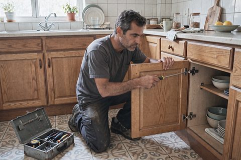 Técnico de joelhos a afinar com uma chave de fendas a dobradiça de um armário de cozinha, com a caixa de ferramentas no chão